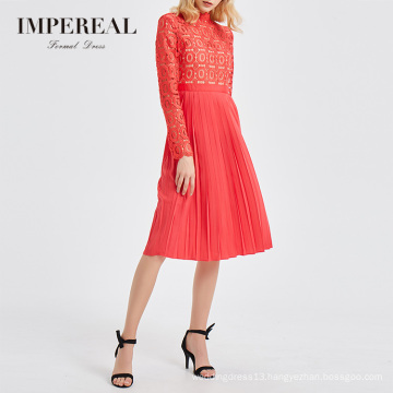 Hollow Out Turtle Neck Long Sleeve Elegant Lady Pleated Sexy Midi Dress Women